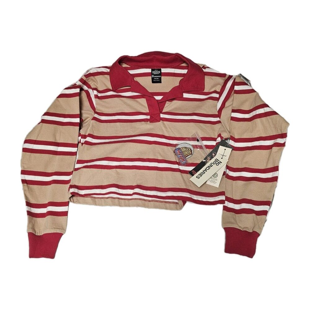 Stranger Things No Boundaries Cropped Red White Tan Stripe Rugby Polo Sz XXS NWT